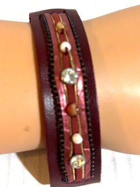 Maroon Beaded Leather Wrap Bracelet with Crystal Accents